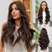 Koyu Kumral Dalgalı Fiber Sentetik Tül Peruk thumbnail 1