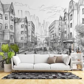 Kara Kalem Santranç ve Sokak Çizim Duvar Kağıdı Baskı thumbnail 1