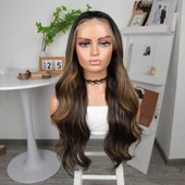 Koyu Kestane Karamel Işıltılı Fiber Sentetik Geniş Dalgalı Tül Peruk thumbnail 2