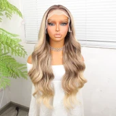 Kumral Dore Sarı Ombre  ve Röfleli Fiber Sentetik Geniş Dalgalı Tül Peruk thumbnail 2