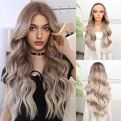 Rus Kumralı Beyaz Platin Ombre  ve Röfleli Fiber Sentetik Geniş Dalgalı Tül Peruk thumbnail 1