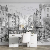 Kara Kalem Santranç ve Sokak Çizim Duvar Kağıdı Baskı thumbnail 4