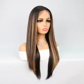 Kahverengi Karamel Işıltılı Fiber Sentetik Düz Tül Peruk thumbnail 3