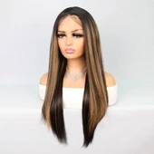 Kahverengi Karamel Işıltılı Fiber Sentetik Düz Tül Peruk thumbnail 4