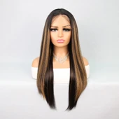 Kahverengi Karamel Işıltılı Fiber Sentetik Düz Tül Peruk thumbnail 2