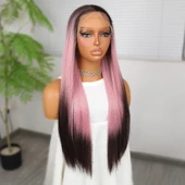 Koyu Kestane Pembe Ombreli Fiber Sentetik Tül Peruk thumbnail 3