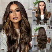 Koyu Kestane Karamel Işıltılı Fiber Sentetik Geniş Dalgalı Tül Peruk thumbnail 1