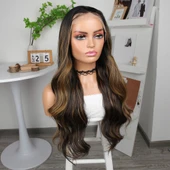 Koyu Kestane Karamel Işıltılı Fiber Sentetik Geniş Dalgalı Tül Peruk thumbnail 3