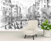 Kara Kalem Santranç ve Sokak Çizim Duvar Kağıdı Baskı thumbnail 6