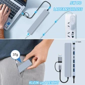 Alfalink Alüminyum 7in1 Usb Hub USB/Type-c To USB 3.0 Tak Çalıştır 100W PD Şarj MacBook Air/Pro Uyumlu - 6