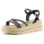 Erkan Saçmacı Siyah Saten Altın Kristal Taşlı Platform Sandalet - 1