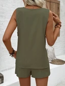 Keten Yazlık Dekolteli Kolsuz Bluz Şort İkili Haki Takım thumbnail 3