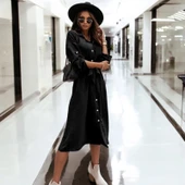 Düğmeli Kemerli Gömlek Yaka Keten Elbise - 1