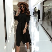 Düğmeli Kemerli Gömlek Yaka Keten Elbise - 2