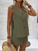 Keten Yazlık Dekolteli Kolsuz Bluz Şort İkili Haki Takım thumbnail 1