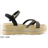 Erkan Saçmacı Siyah Saten Altın Kristal Taşlı Platform Sandalet - 2