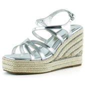 Erkan Saçmacı Gümüş Rugan Çapraz Bantlı Taşlı Zikzak Örgü Jüt Platform Topuklu Sandalet - 1