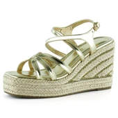 Erkan Saçmacı Altın Rugan Çapraz Bantlı Taşlı Zikzak Örgü Jüt Platform Topuklu Sandalet - 1