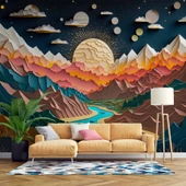 3D Kabartma Görünümlü Dağ ve Nehir Manzaralı Duvar Kağıdı Baskı thumbnail 1