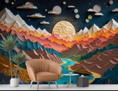 3D Kabartma Görünümlü Dağ ve Nehir Manzaralı Duvar Kağıdı Baskı thumbnail 6