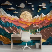 3D Kabartma Görünümlü Dağ ve Nehir Manzaralı Duvar Kağıdı Baskı thumbnail 4