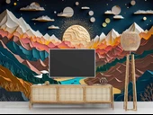 3D Kabartma Görünümlü Dağ ve Nehir Manzaralı Duvar Kağıdı Baskı thumbnail 3