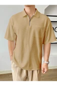Erkek Oversize Polo Yaka Waffle T-Shirt  POLOYAKA-FERMUARLI - 8