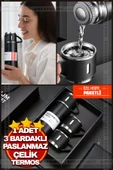 Siyah Piknik Kamp Termosu Paslanmaz Çelik 3 Bardaklı 500 Ml Vakumlu Çay Kahve Sıcak Soğuk Termos Set - 1