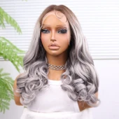 Açık Kumral Gri Ombreli Bebek Saçlı Geniş Dalgalı Fiber Sentetik Tül Peruk thumbnail 4