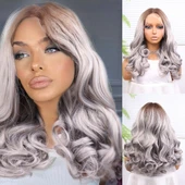 Açık Kumral Gri Ombreli Bebek Saçlı Geniş Dalgalı Fiber Sentetik Tül Peruk thumbnail 1