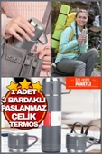 Gri Piknik Kamp Termosu Paslanmaz Çelik 3 Bardaklı 500 Ml Vakumlu Çay Kahve Sıcak Soğuk Termos Seti - 1