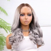 Açık Kumral Gri Ombreli Bebek Saçlı Geniş Dalgalı Fiber Sentetik Tül Peruk thumbnail 3