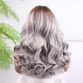 Açık Kumral Gri Ombreli Bebek Saçlı Geniş Dalgalı Fiber Sentetik Tül Peruk thumbnail 5