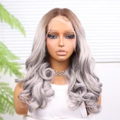 Açık Kumral Gri Ombreli Bebek Saçlı Geniş Dalgalı Fiber Sentetik Tül Peruk thumbnail 2