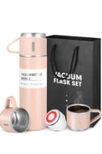 Vakumlu Çay Kahve Sıcak Soğuk Pembe Piknik Kamp Termosu Paslanmaz Çelik 3 Bardaklı 500ML Termos Seti - 3