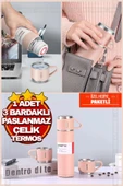 Pembe Piknik Kamp Termosu Paslanmaz Çelik 3 Bardaklı 500ML Vakumlu Çay Kahve Sıcak Soğuk Termos Seti - 1