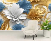 3D Beyaz, Mavi, Altın Çiçek Desenli Duvar Kağıdı Baskı - 6