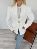 Kadın Gold Düğmeli Hakim Yaka Blazer Ceket Beyaz - 3