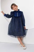 Kız Çocuk Üzeri Benekli ve Pullu İçi Astarlı Yakası Fırfırlı Lacivert Elbise thumbnail 2