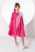 Kız Çocuk Yakası Tüllü Boydan Pulpayet İşlemeli Omuzu Fiyonk Detaylı Fuşya Elbise thumbnail 4