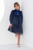 Kız Çocuk Üzeri Benekli ve Pullu İçi Astarlı Yakası Fırfırlı Lacivert Elbise thumbnail 7