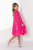 Kız Çocuk Yakası Tüllü Boydan Pulpayet İşlemeli Omuzu Fiyonk Detaylı Fuşya Elbise thumbnail 7