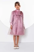 Kız Çocuk Üzeri Benekli ve Pullu İçi Astarlı Yakası Fırfırlı Gül Kurusu Elbise thumbnail 3