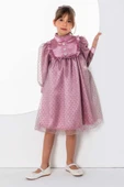 Kız Çocuk Üzeri Benekli ve Pullu İçi Astarlı Yakası Fırfırlı Gül Kurusu Elbise thumbnail 1