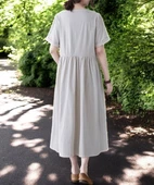 Yazlık V Yaka Beli Büzgülü Rahat Keten Elbise thumbnail 1