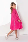 Kız Çocuk Yakası Tüllü Boydan Pulpayet İşlemeli Omuzu Fiyonk Detaylı Fuşya Elbise thumbnail 2