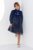 Kız Çocuk Üzeri Benekli ve Pullu İçi Astarlı Yakası Fırfırlı Lacivert Elbise thumbnail 3
