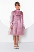 Kız Çocuk Üzeri Benekli ve Pullu İçi Astarlı Yakası Fırfırlı Gül Kurusu Elbise thumbnail 7