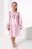 Kız Çocuk Göğsü Kurdele ve Üzeri Kelebek İşlemeli İspanyol Kollu Pembe Şifon Elbise thumbnail 3