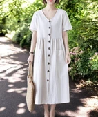 Yazlık V Yaka Beli Büzgülü Rahat Keten Elbise thumbnail 2